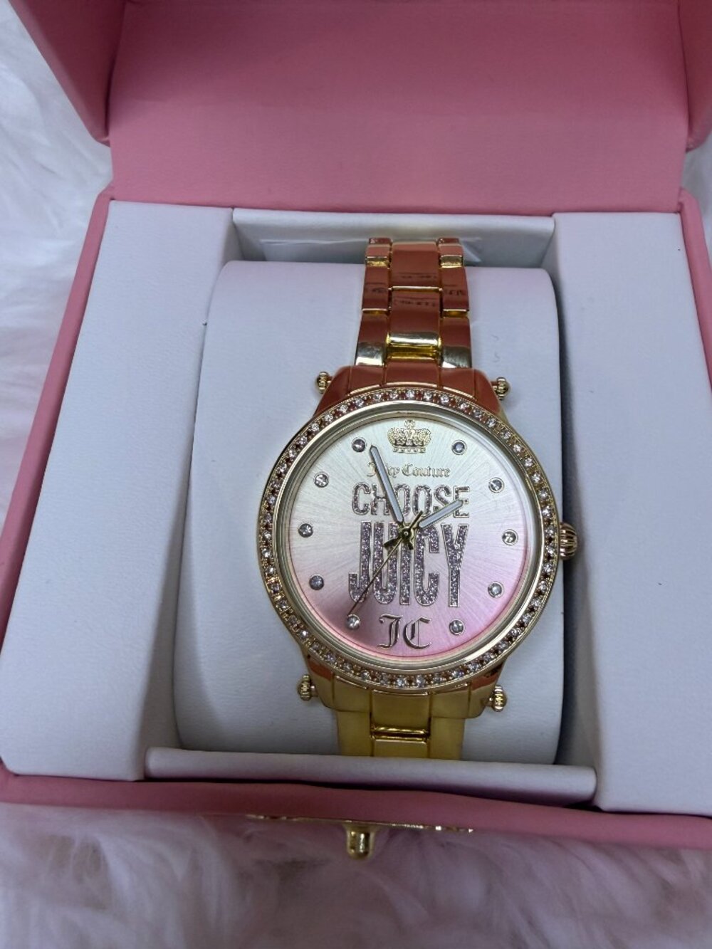 Juicy Couture Gold Tone Watch Pink Gold Ombre Dial Choose Juicy Rhinestone NWT